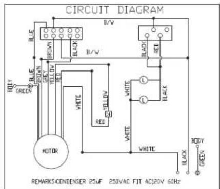 CIRCUIT DIAGRAM B/W RLE BROWN BLACK B/W RLE GREEN YELLOW WHITE RED WHITE L L L WHITE WHITE MOTOR REMARKSCONDENSER 25uF 250VAC FIT AC120V 60Hz BODY GREEN