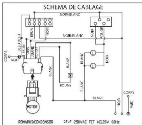 SCHEMA DE CABLAGE NOIR/BLANC BRUN NOIR NOIR/BLANC JUANE JUANE ROUGE NOIR/BLANC NOIR ROUGE JUANE JUANE NOIR NOIR COOPS VERT BLEU/LEU BRUN ORIS JOANE ROUGE MOTOR BLANC ROUGE BLANC NOIR COOPS VERI REMARKS/CONDENSER 25uF 250VAC FIT AC120V 60Hz