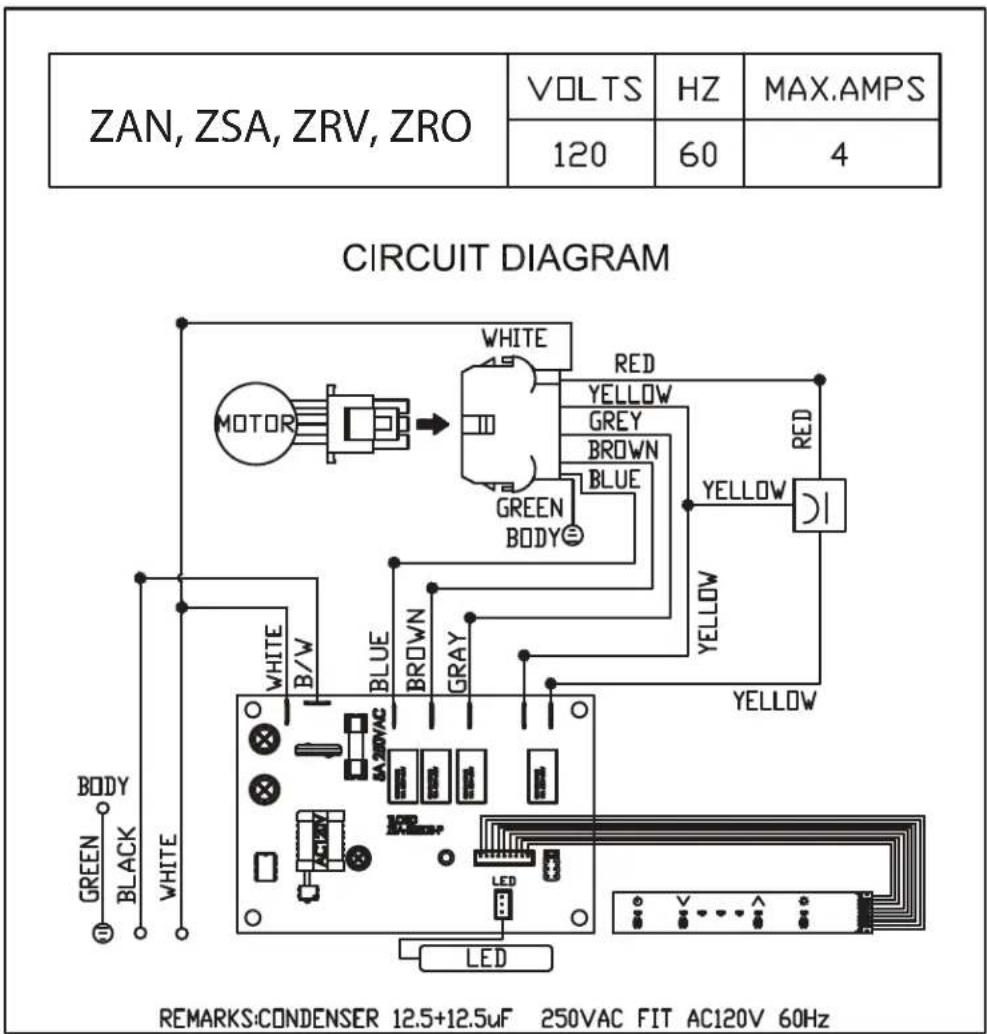 ZAN, ZSA, ZRV, ZRO VOLTS HZ MAX.AMPS 120 60 4 CIRCUIT DIAGRAM MOTOR WHITE RED YELLOW GREY BROWN BLUE GREEN BODY YELLOW D1 WHITE B/W BLUE BROWN GRAY YELLOW BODY GREEN BLACK WHITE LED REMARKS:CONDENSER 12.5+12.5uF 250VAC FIT AC120V 60Hz