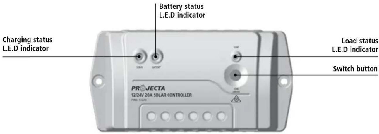Battery status L.E.D indicator Charging status L.E.D indicator Load status L.E.D indicator Switch button PROJECTA 12/24V 20A SOLAR CONTROLLER FMA. SC220