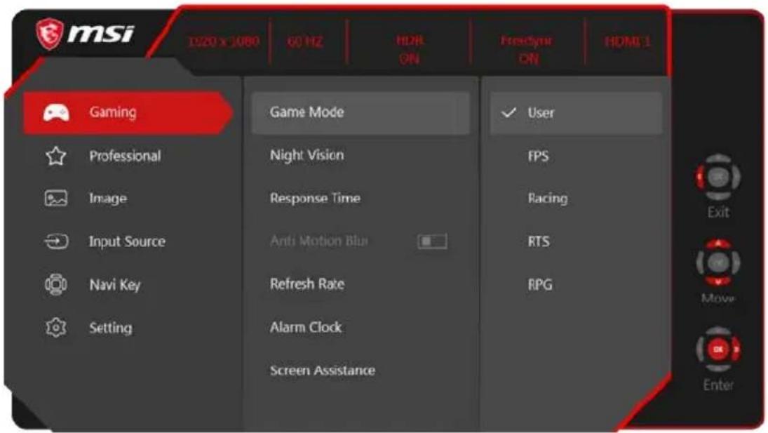 msi 1220 x 1080 60 Hz HDR ON FreeSync ON HDR 1 Gaming Game Mode ✓ User Professional Night Vision FPS Image Response Time Racing Anti Motion Blur RTS Input Source Refresh Rate FPG Navi Key Alarm Clock Screen Assistance Setting Exit Move Enter