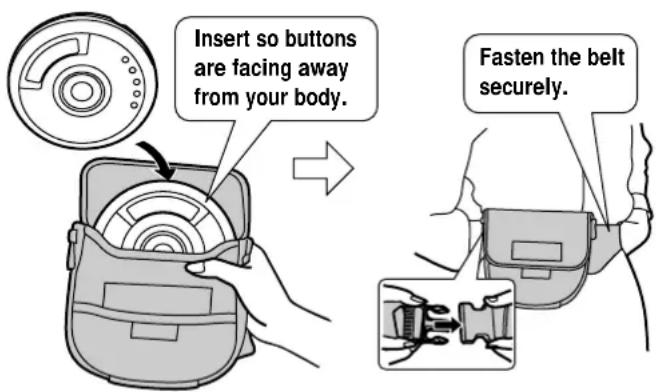 Insert so buttons are facing away from your body. Fasten the belt securely.