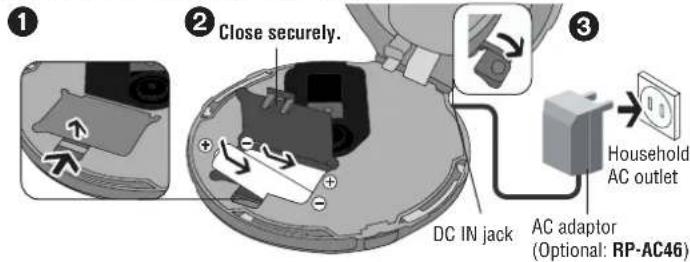 ① ② Close securely. ③ Household AC outlet DC IN jack AC adaptor (Optional: RP-AC46)