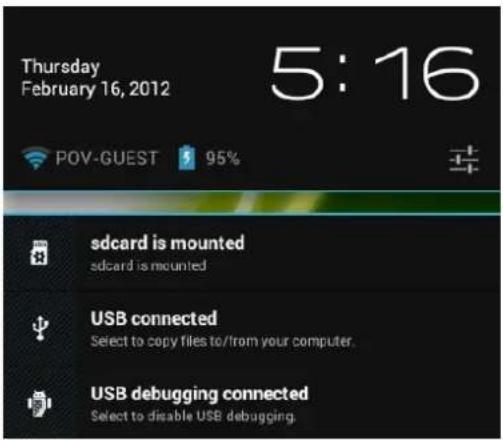 Thursday February 16, 2012 5:16 POV-GUEST 95% sdcard is mounted sdcard is mounted USB connected Select to copy files to/from your computer. USB debugging connected Select to disable USB debugging.