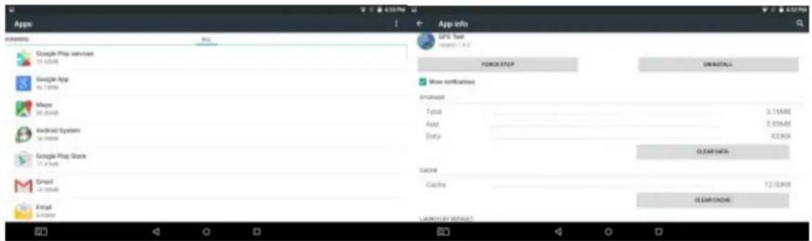 App Google Play services Google App Maps Android System Google Play Store Gmail Actual GPS Test accessed: 1.3.2 PAGE STOP SMR/SATALL Show applications Storage Total App Data 3.116MOS 2.806MOS 323KOS CLEAR DATA Cache Cache 12.034MOS CLEAR CACHE LIMITED BY OUTPUT