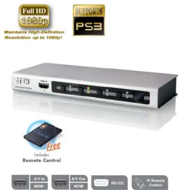 Full HD 1080p Maintains High-Definition Resolution up to 1080p! SUPPORTS PS3 TERTEN HDMI 1080p A A/V In HDMI A/V Out HDMI RS-232 IR Remote Control Free Includes Remote Control