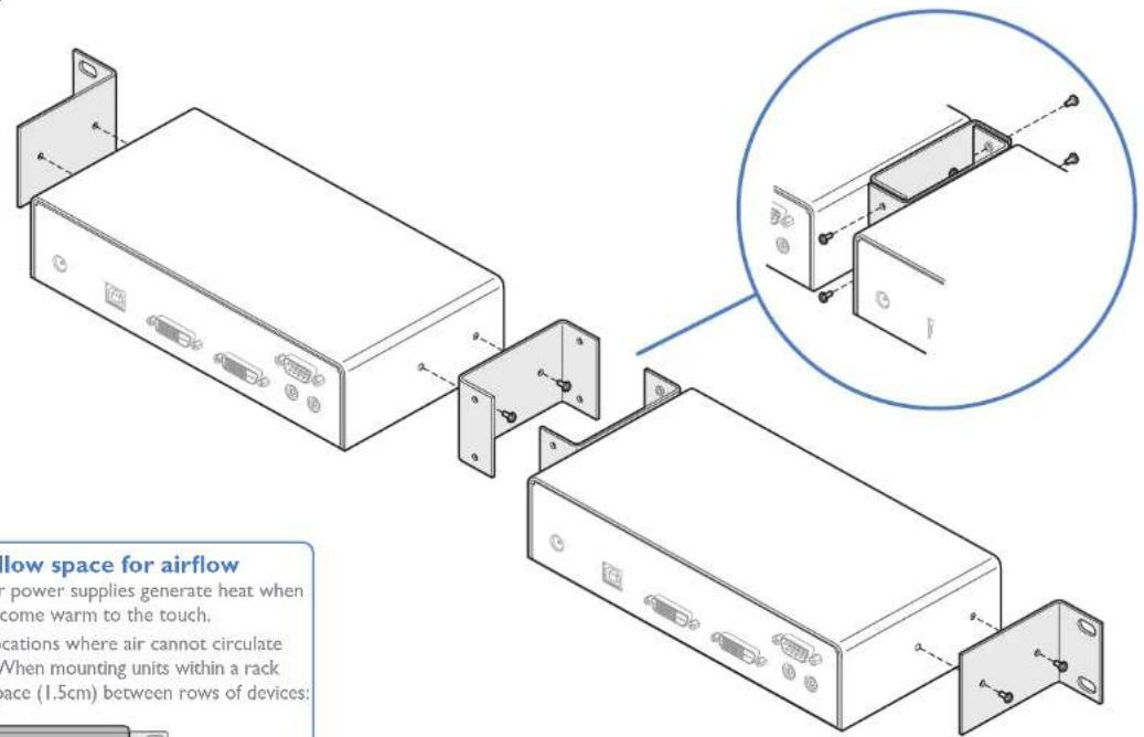 allow space for airflow for power supplies generate heat when come warm to the touch. cations where air cannot circulate When mounting units within a rack space (1.5cm) between rows of devices:
