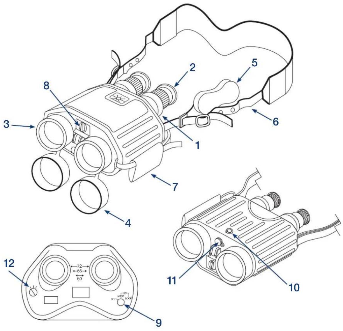 Technical diagram of a mounted optical device with numbered parts and labeled control buttons