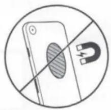 Diagram showing a smartphone with a U-shaped magnet symbol crossed out by a diagonal line, indicating prohibition or prohibition.