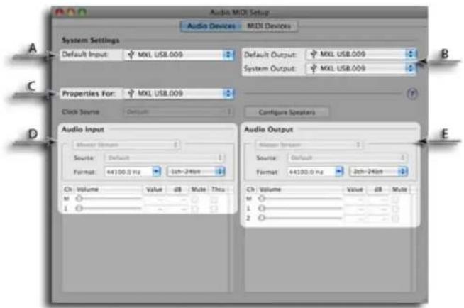 Audio MIO Setup Audio Devices MIO Devices System Settings Default Input: MXL USB.009 Default Output: MXL USB.009 System Output: MXL USB.009 Properties For: MXL USB.009 Clock Source: Default Configure Speakers Audio Input Source: Default Format: 44100.0 Hz 26th-246nm Audio Output Source: Default Format: 44100.0 Hz 26th-246nm Ch: Volume Value dB Male Thus M 1 Ch: Volume Value dB Male M 1 2