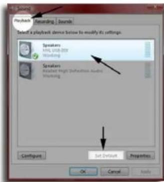 Playback Recording Sounds Select a playback device below to modify its settings. Speakers KHL, UNI-BOX Writing Speakers Routback High Definition Audio Writing Set Default Configure Cancel Actions