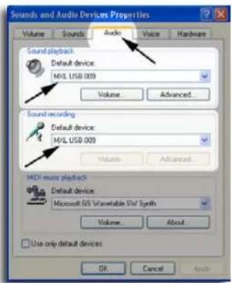 Sounds and Audio Devices Properties Volume Sounds Audio Voice Hardware Sound playback Default device: MDL USB 009 Volume Advanced... Sound recording Default device: MDL USB 009 Volume Advanced... MDL music playback Default device: Microsoft GIS Warrantable SIV Synth Volume About... Use only default devices OK Cancel Audio
