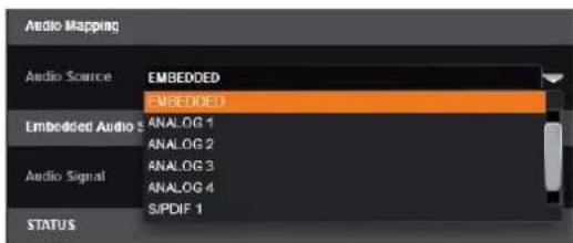 Audio Mapping Audio Source EMBEDDED EMBEDDED Embedded Audio 5 ANALOG 1 ANALOG 2 Audio Signal ANALOG 3 ANALOG 4 S/PDIF 1 STATUS