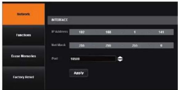 Network INTERFACE Function IP Address 192 168 1 141 Net Mask 255 255 255 0 Port 10500 Apply