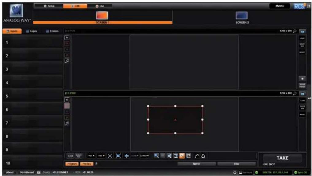 Analog WAY* SCREEN 1 SCREEN 2 1 2 3 4 5 6 7 8 9 10 1200 x 600 1200 x 600 1200 x 600 TAKET ONE SHOT Programs Preview Monitor Timer About Dashboard Delivery: wfs.01 RBM 3 - RGS: wfs.01.26 Services: SBN258 132,168.5.144 Home OK