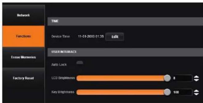 Network TIME Functions Device Time 11-01-2000 01:35 Edit Exase Memories USER INTERBACS Auto Lock Factory Reset LCD Brightness 8 Key Brightness 100
