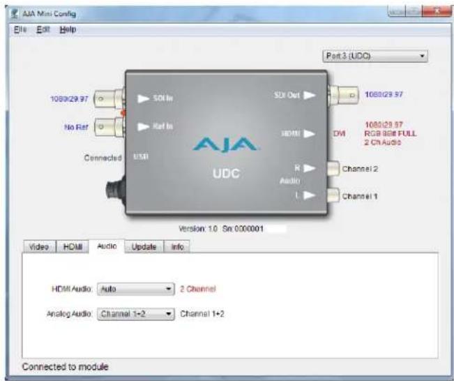AJA Mini Config File Edit Help 1088/29.97 No Ref Connected USB SDI In Rel In UDC SUI Out HDMI R Audio I Channel 2 Channel 1 1088/29.97 1088/29.97 RGB BEB FULL 2 Ch Audio Video HDMI Audio Update Info HDMI Audio: Auto 2 Channel Analog Audio: Channel 1+2 Channel 1+2 Connected to module Part 3 (UDC) Version: 1.0 Sin 0000001