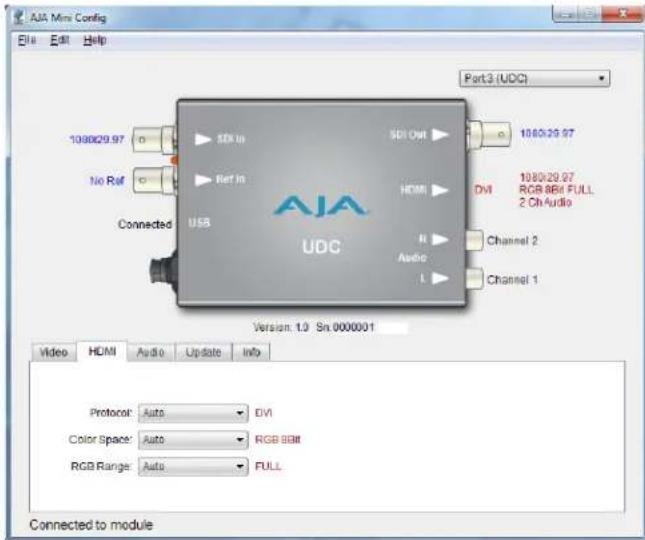AJA Mini Config Edit Help Part3 (UDC) 108029.97 No Ref Connected USB SDI In Ref In USB SDI Out HDMI DVI 108029.97 RGB BBI FULL 2 Ch Audio Channel 2 Audio Channel 1 Version: 1.0 Sn 0000001 Video HDMI Audio Update Info Protocol: Auto DVI Color Space: Auto RGB BBM RGB Range: Auto FULL Connected to module