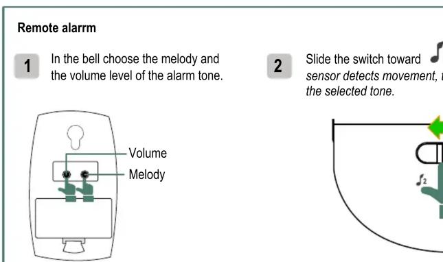 Remote alarm 1 In the bell choose the melody and the volume level of the alarm tone. Volume Melody 2 Slide the switch toward sensor detects movement, the selected tone.