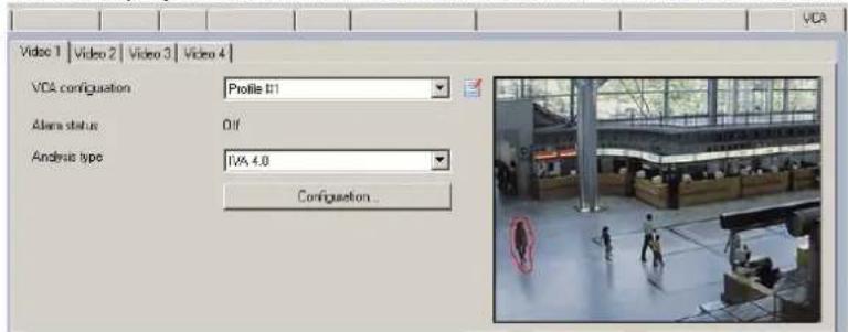 Video 1 | Video 2 | Video 3 | Video 4 | VCA configuration Profile #1 Alarm status Dif Analysis type IVA 4.0 Configuration .