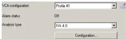 VCA configuration Profile #1 Alarm status Off Analysis type IVA 4.0 Configuration...