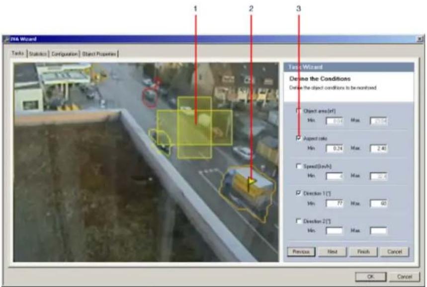 1 2 3 Task Wizard Describe the Conditions Define the object conditions to be monitored Object area (a.f.) Min. 0.14 Max. 2.54 Aspect ratio Min. 0.24 Max. 2.48 Speed (in/m) Min. 0 Max. 2.4 Direction 1 (°) Min. 77 Max. 60 Direction 2 (°) Min. Max. Previous Next Finish Cancel OK Cancel