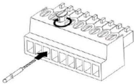 Diagram of a connector pinout with a screw and circular ports, no text or symbols present