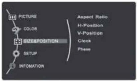 PICTURE COLOR SIZE-POSITION SETUP INFOMATION Aspect Ratio H-Position V-Position Clock Phase