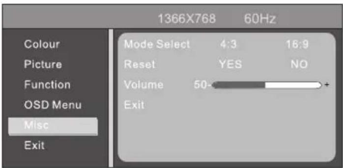 1366X768 60Hz Colour Mode Select 4:3 16:9 Picture Reset YES NO Function Volume 50- OSD Menu Misc Exit Exit