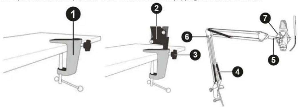 Diagram showing three different types of adjustable table or lamp components with numbered labels indicating parts of each.