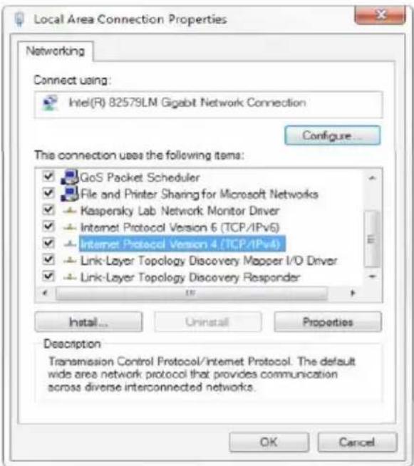 Local Area Connection Properties Networking Connect using: Intel(R) 82579LM Gigabit Network Connection Configure... This connection uses the following items: GoS Packet Scheduler File and Printer Sharing for Microsoft Networks Kaspersky Lab Network Monitor Driver Internet Protocol Version 6 (TCP/IPv6) Internet Protocol Version 4 (TCP/IPv4) Link-Layer Topology Discovery Mapper I/O Driver Link-Layer Topology Discovery Responder Install... Uninstall Properties Description Transmission Control Protocol/Internet Protocol. The default wide area network protocol that provides communication across diverse interconnected networks. OK Cancel