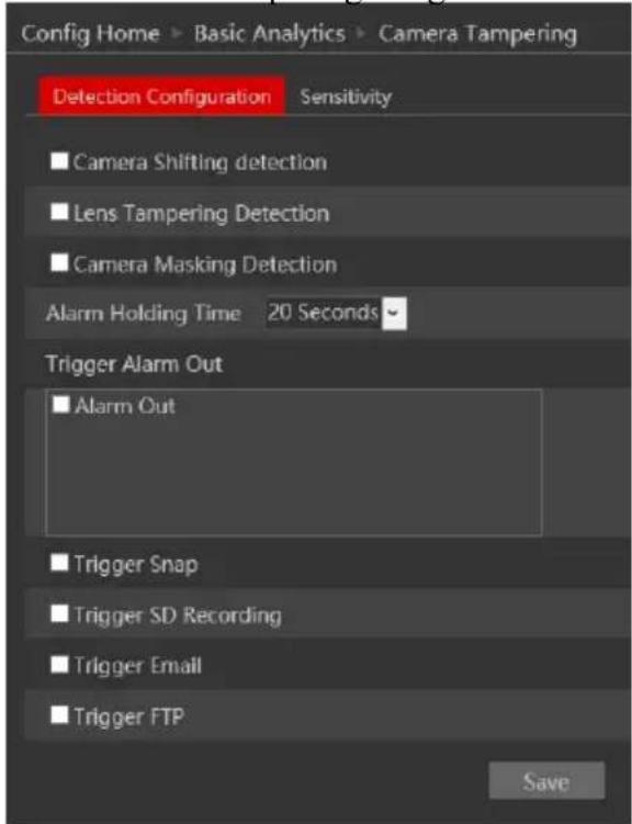 Config Home > Basic Analytics > Camera Tampering Detection Configuration Sensitivity ■ Camera Shifting detection ■ Lens Tampering Detection ■ Camera Masking Detection Alarm Holding Time 20 Seconds Trigger Alarm Out ■ Alarm Out ■ Trigger Snap ■ Trigger SD Recording ■ Trigger Email ■ Trigger FTP Save