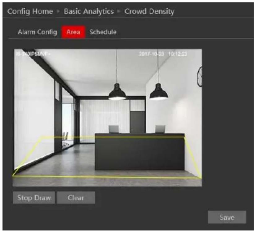 Config Home ▶ Basic Analytics ▶ Crowd Density Alarm Config Area Schedule IE-501PSMAF 2017-10-23 10:12:23 Stop Draw Clear Save