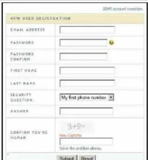 DOHS account creation. NEW USER REGISTRATION EMAIL ADDRESS PASSWORD PASSWORD CONFIRM FIRST NAME LAST NAME SECURITY QUESTION. My first phone number. ANSWER CONFIRM YOU'RE HUMAN 3+9= New Captions Solve the problem above. Submit Reset