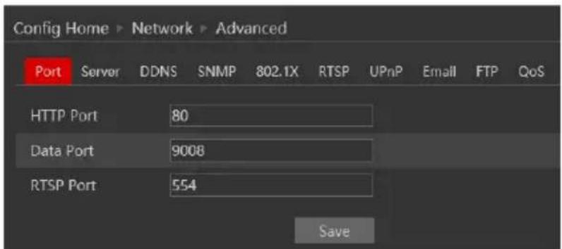 Config Home ▶ Network ▶ Advanced Port Server DDNS SNMP 802.1X RTSP UPnP Email FTP QoS HTTP Port 80 Data Port 9008 RTSP Port 554 Save