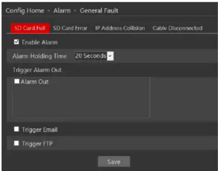 Config Home > Alarm > General Fault SD Card Full SD Card Error IP Address Collision Cable Disconnected Enable Alarm Alarm Holding Time 20 Seconds Trigger Alarm Out Alarm Out Trigger Email Trigger FTP Save