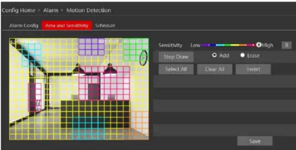 Config Home > Alarm > Motion Detection Alarm Config Area and Sensitivity Schedule 0.545 PM/6.5 817-10-28 0:12:11 Sensitivity Low High 8 Stop Draw Add Erase Select All Clear All Invert Save