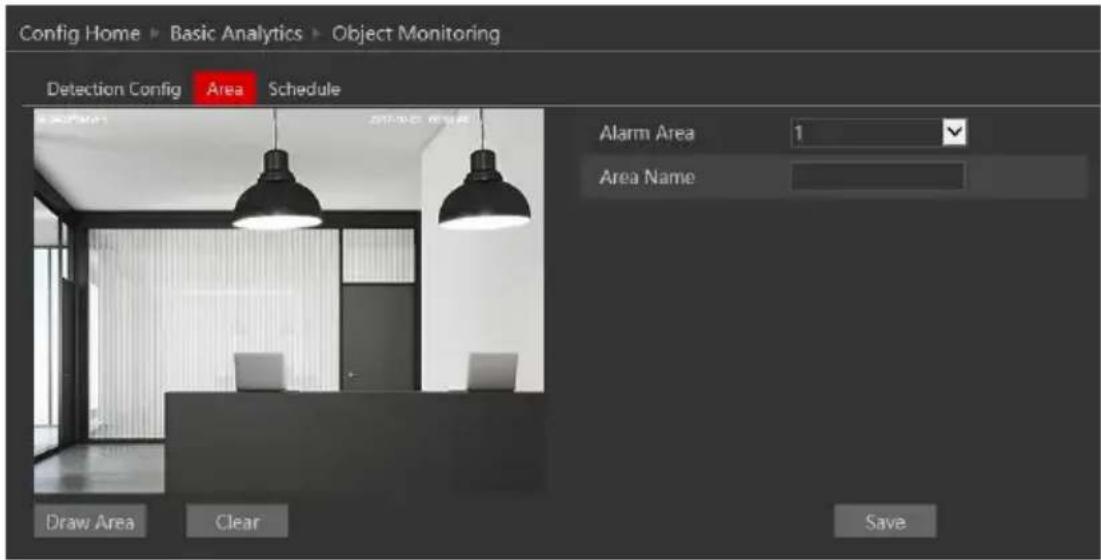Config Home ▶ Basic Analytics ▶ Object Monitoring Detection Config Area Schedule Alarm Area 1 Area Name Draw Area Clear Save