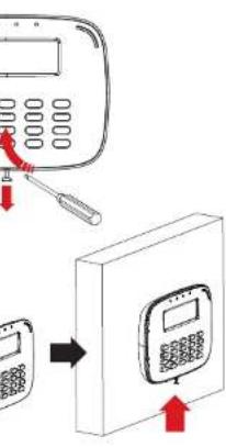 Diagram showing a telephone handset being inserted into a device via a switch, with red arrows indicating the process.