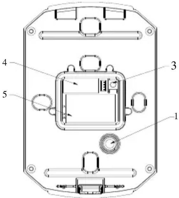 Technical diagram of a device casing with numbered components and labeled parts