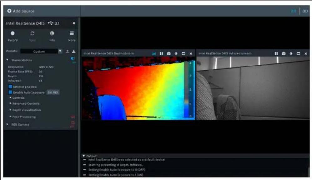 Add Source Intel RealSense D415 3.1 Record Sync Info More Preset: Custom Stereo Module Resolution 1280 x 720 Frame Rate (RPS) 30 Depth 246 Infrared 1 Y8 Emitter Enables Enable Auto Exposure Set RDS Controls Advanced Controls Depth Visualization Post Processing RGB Camera Intel RealSense D415 Depth stream Intel RealSense D415 Infrared stream Output Intel RealSense D415 was selected as a default device Starting streaming of Depth, Infrared... Setting Enable Auto Exposure to O(DFF) Setting Enable Auto Exposure to I (ON)