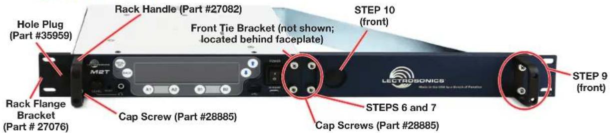 Hole Plug (Part #35959) Rack Handle (Part #27082) Front Tie Bracket (not shown; located behind faceplate) STEP 10 (front) Rack Flange Bracket (Part # 27076) Cap Screw (Part #28885) CAP Screws (Part #28885) STEPS 6 and 7 STEP 9 (front)