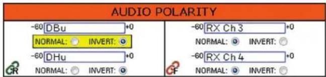 AUDIO POLARITY -60 DBu +0 NORMAL: INVERT: -60 DHu +0 NORMAL: INVERT: -60 RX Ch 3 +0 NORMAL: INVERT: -60 RX Ch 4 +0 NORMAL: INVERT: CR NORMAL: INVERT: CF NORMAL: INVERT: