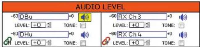 AUDIO LEVEL -60 DBu +0 LEVEL: +0 TONE: -60 DHu +0 CR LEVEL: +0 TONE: -60 RX Ch 3 +0 LEVEL: +0 TONE: -60 RX Ch 4 +0 CR LEVEL: +0 TONE: