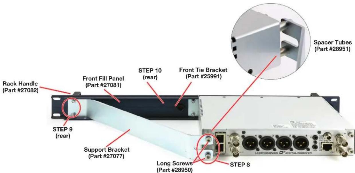 Rack Handle (Part #27082) Front Fill Panel (Part #27081) STEP 9 (rear) Support Bracket (Part #27077) STEP 10 (rear) Front Tie Bracket (Part #25991) Long Screws (Part #28950) STEP 8 SPacer Tubes (Part #28951)