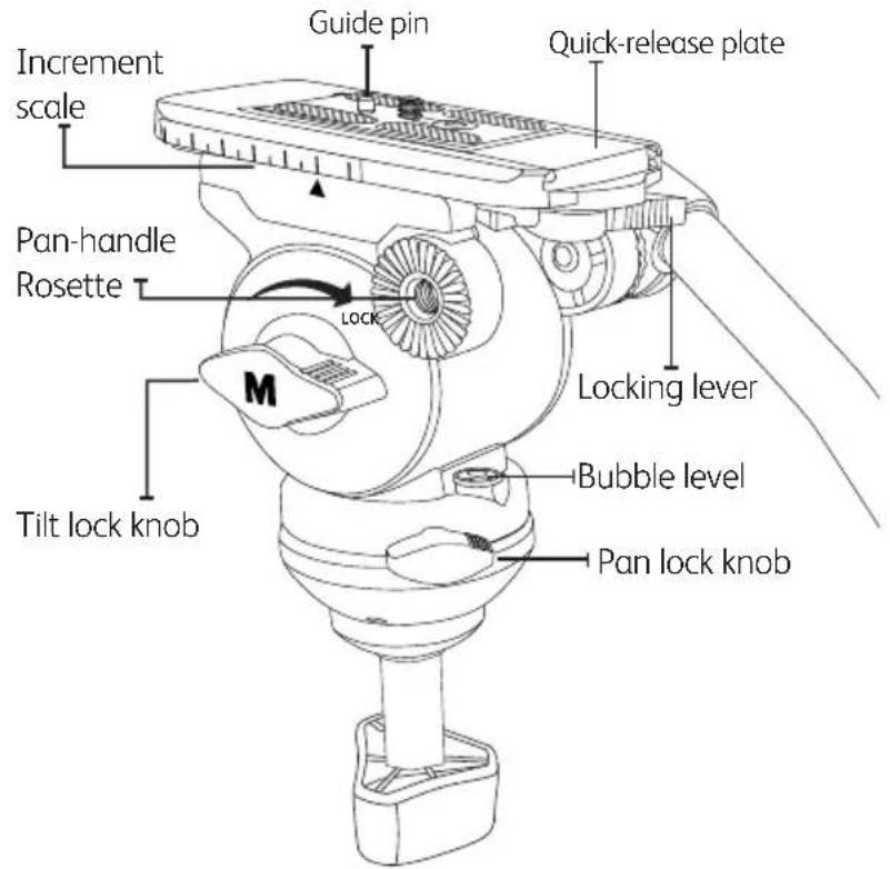 Increment scale Guide pin Quick-release plate Pan-handle Rosette Lock Locking lever M Bubble level Tilt lock knob Pan lock knob