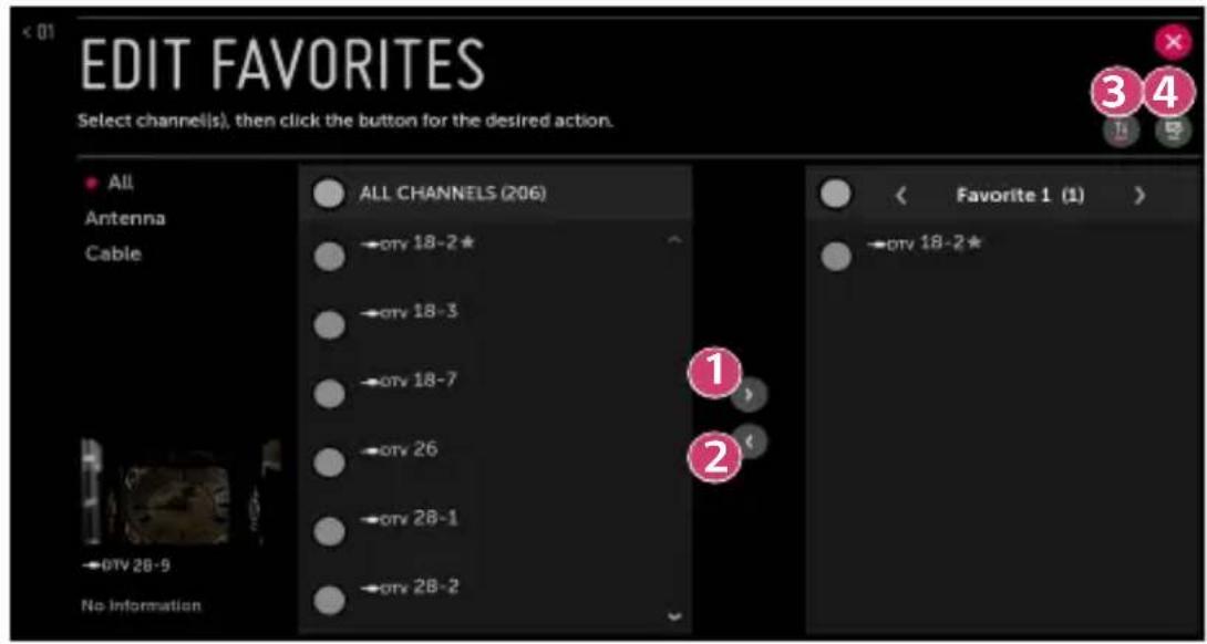 EDIT FAVORITES Select channel(s), then click the button for the desired action. All Antenna Cable ALL CHANNELS (206) →otv 18-2* →otv 18-3 →otv 18-7 →otv 26 →otv 28-1 →otv 28-2 < Favorite 1 (1) > →otv 18-2*