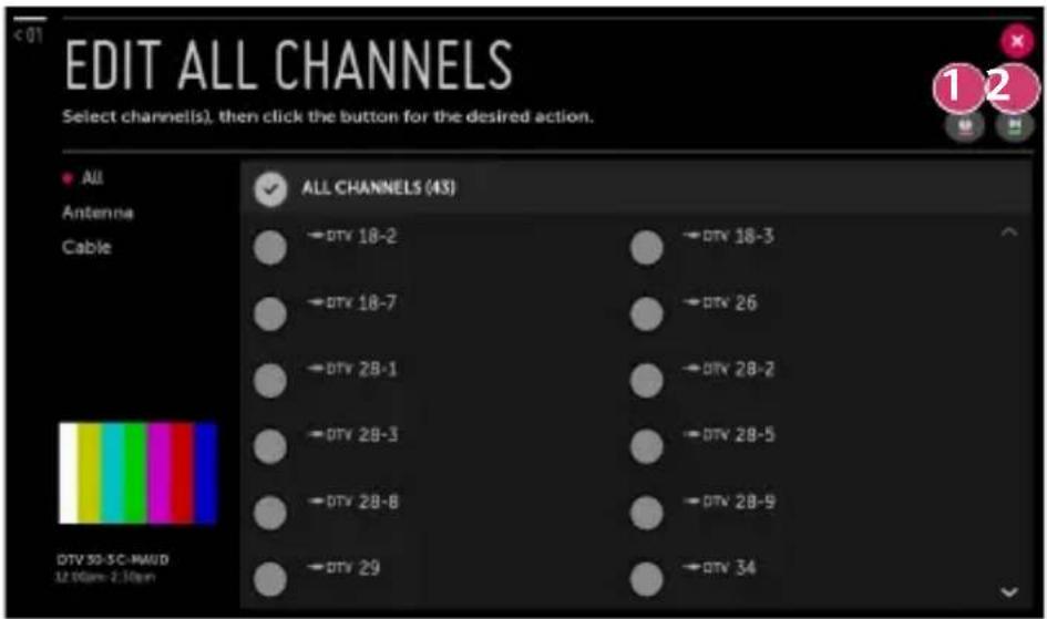 EDIT ALL CHANNELS Select channels), then click the button for the desired action. All Antenna Cable ALL CHANNELS (43) DTV 18-2 DTV 18-7 DTV 28-1 DTV 28-3 DTV 28-8 DTV 29 DTV 18-3 DTV 26 DTV 28-2 DTV 28-5 DTV 28-9 DTV 34 DTV 50-SC-HAUD 12.00am-2.10am