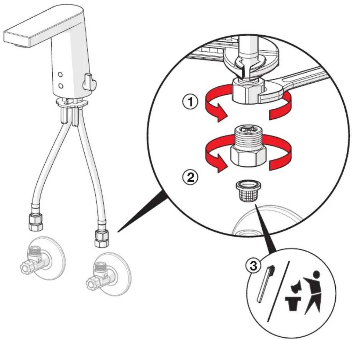 Technical diagram illustrating three-step assembly of a mechanical device with labeled parts and motion arrows