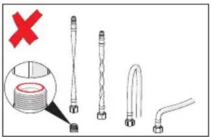 Diagram showing various pipe fittings with a red X mark, including a magnified inset of threaded tube and tubing.